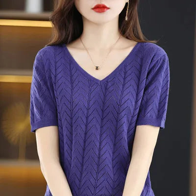 Women's T-shirt Summer New 100% Cotton Pullover Short Sleeve Casual Solid Women's Sweater Loose Fashion V-Neck Top T-shirt