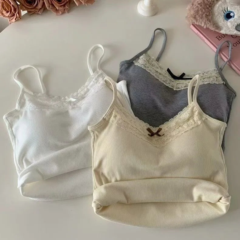 Sexy White Knit Camisole Lace Tank Top Cropped Vest Women's Sleeveless Crop Tops with Chest Pad Y2k Cute Summer Slim Undershirt