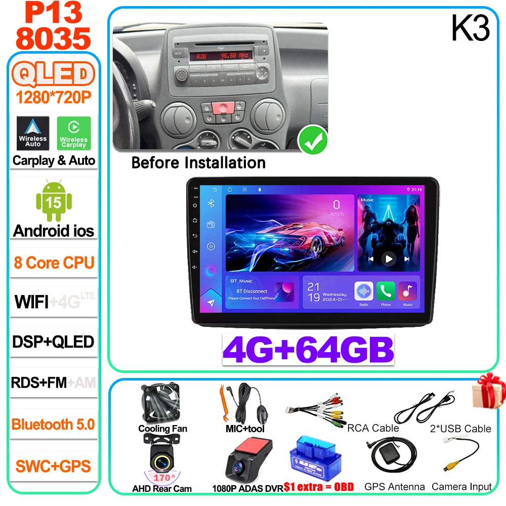 Car Stereo with Apple CarPlay & Android Auto, Compatible with Fiat Panda 169 (2003-2012)