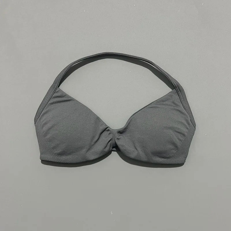 HISTELLO Df Solid Color Impact Strappy Bra Women Seamless Yoga Underwear Fitness Workout Halter Top Running Gym Sports Bra