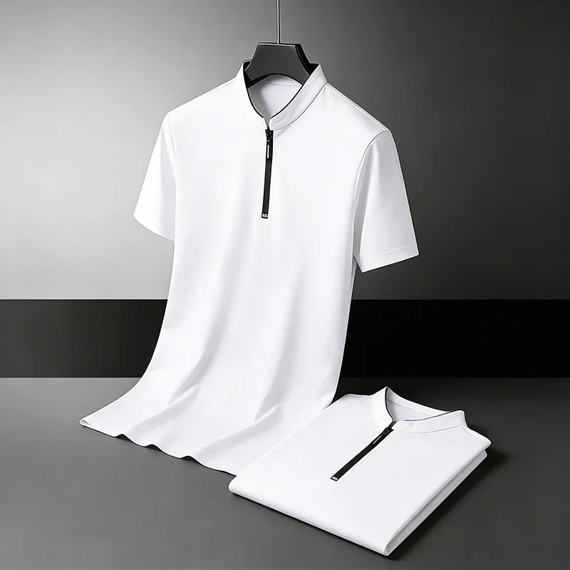 Men's Half-Zip Polo Shirt - Stand Collar Slim Fit, Business & Casual