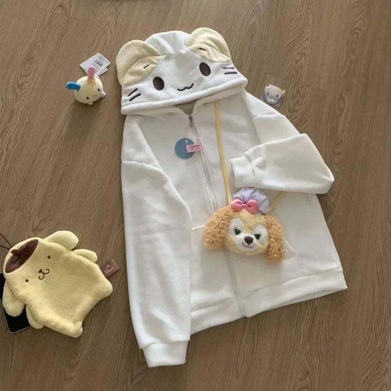 Women's Kawaii Fleece Hooded Cardigan Jacket