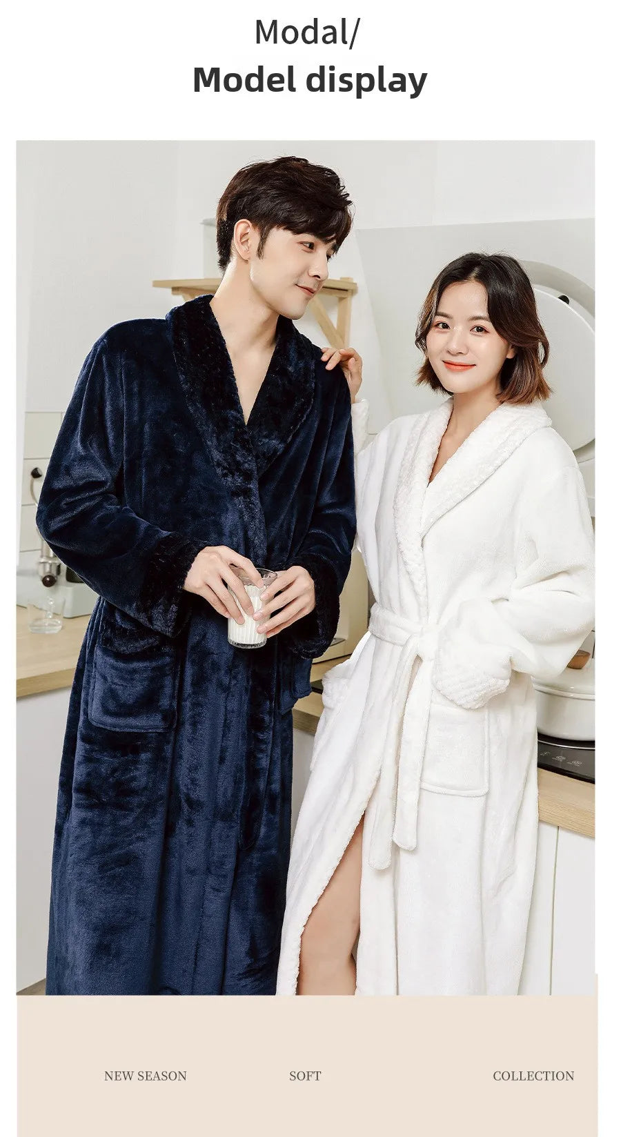 Couples Flannel Robe, Long Warm Fleece Bathrobe for Men and Women
