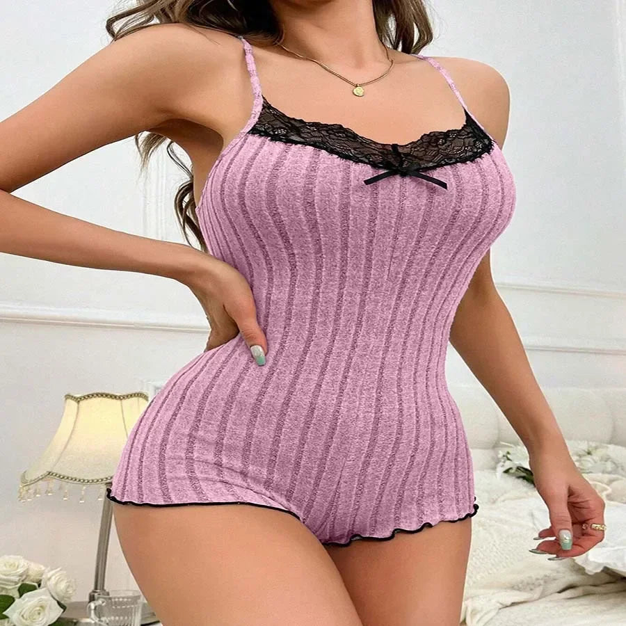 Women's Suspenders Lace Trim And Bow Design Pajamas Sleeveless V-Neck Pajamas Set Sleepwear Suit Sexy Solid Home Clothes Summer