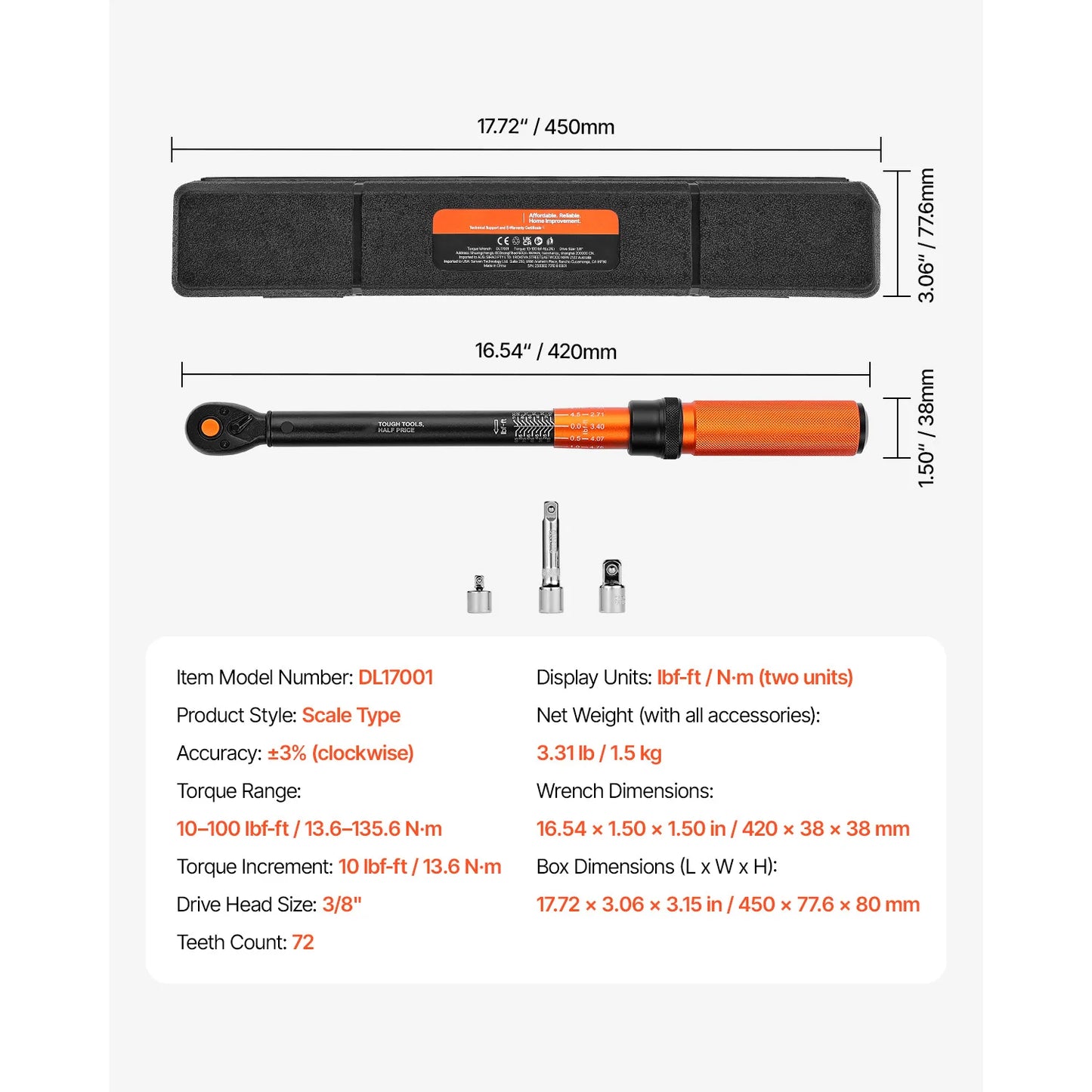 SucceBuy Mechanical Click Torque Wrench Set – Dual-Direction Adjustable Drive Wrench with Dual Range Scales | Multiple Torque Ranges | Auto & Precision Tool