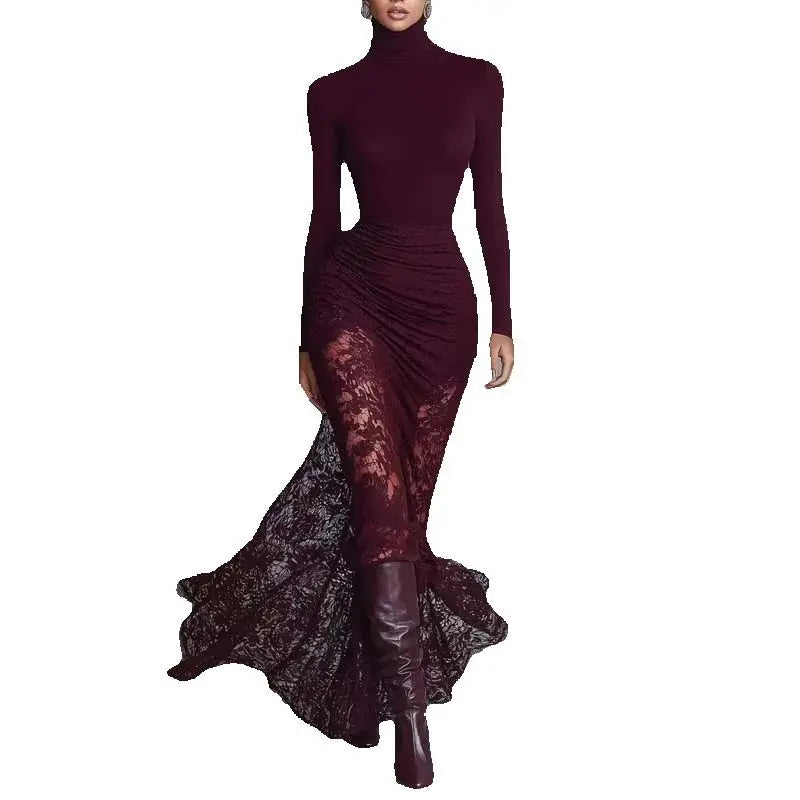 New Women's Turtleneck Long Sleeve Slim Lace Patchwork Dress Ruched Mermaid Elegant Long Sleeve Evening Gown Maxi Dresses Female