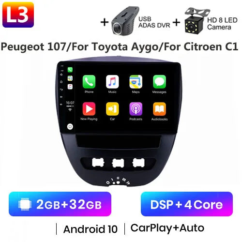 Android 10 2 Din Car Multimedia Player For Peugeot 107 Toyota Aygo Citroen C1 2005-2014 Head Unit Stereo GPS Navigation BT WIFI