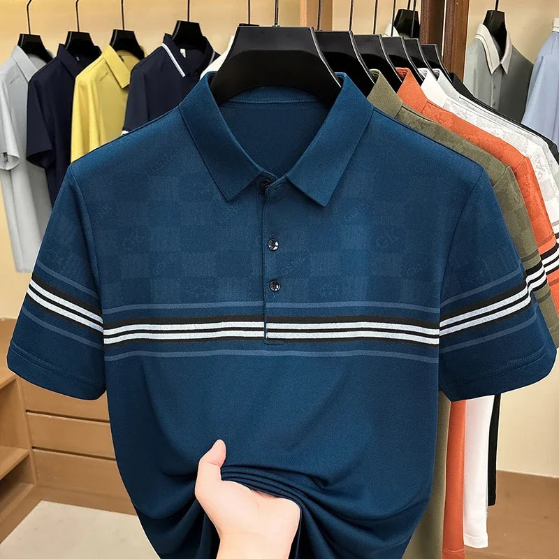 Men's Lattice-Print Lapel Polo - Soft Stretch, Sweat-Proof Summer