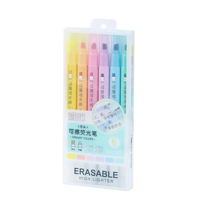 6pcs Erasable Highlighters Pastel Markers Dual Tip Fluorescent Pen for Art Drawing Doodling Marking School Office Stationery