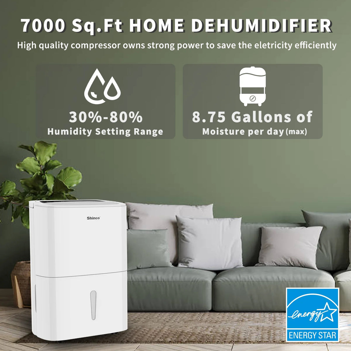 Shinco 150 Pints Energy Star Dehumidifier for Large Spaces up to 7,000 Sq.Ft Built-in Pump, 1.85 Gallon Water Tank