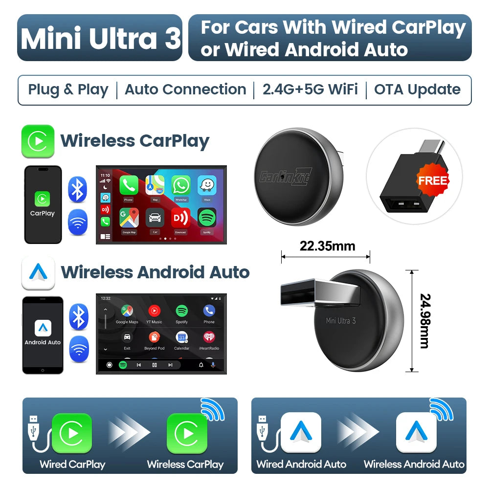 CarlinKit 5.0 Mini Ultra3 Wireless Android Auto CarPlay 2-In-1 Wireless Adapter WIFI BLE Auto Connect Smart Mini Box For OEM Car