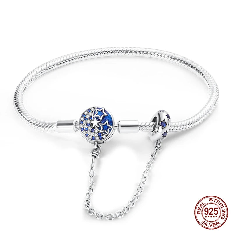 925 Sterling Silver Charm Bracelet – Star Moon Sun Four Leaf Clover Zircon | DIY Birthday Gift for Women (17-20cm)