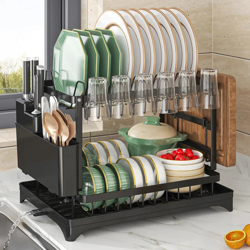 2-Tier Metal Dish Drying Rack - Space-Saving Kitchen Drainer