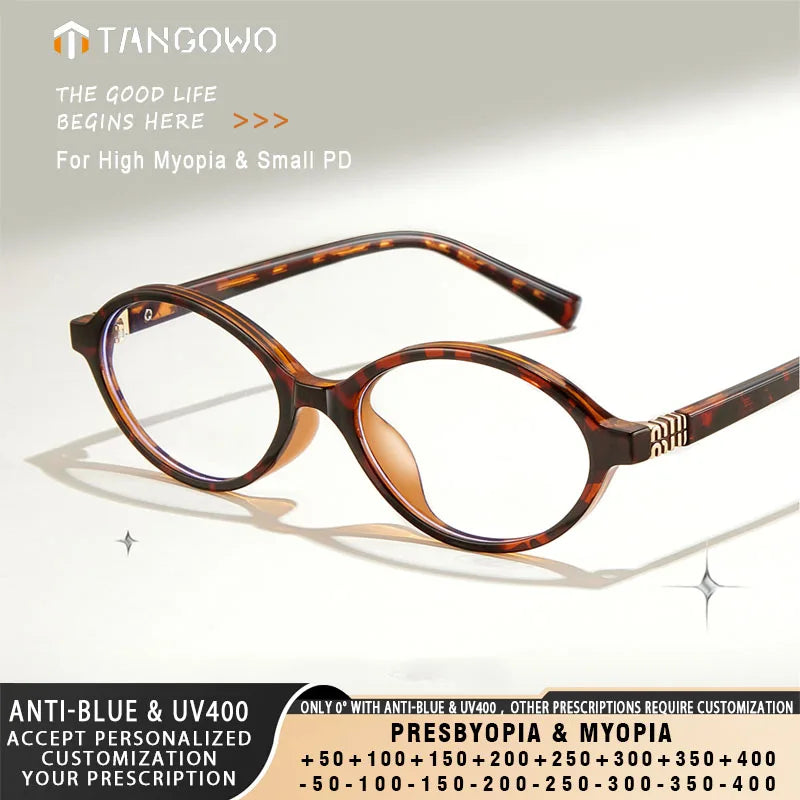 TANGOWO Retro Oval Small Frame Myopia Glasses Women Anti Blue Light Reading Glasses Anti-Reflection Prescription Eyewear