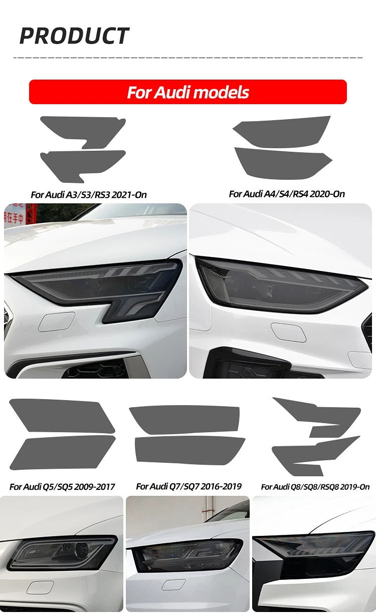 Smoked Black TPU Sticker Car Headlight Protective Film For Audi A3 8V S3 A4 B8 B9 A5 A6 S6 C8 A7 A8 D4 TT TTS Q3 Q5 Q7 Q8 RSQ8