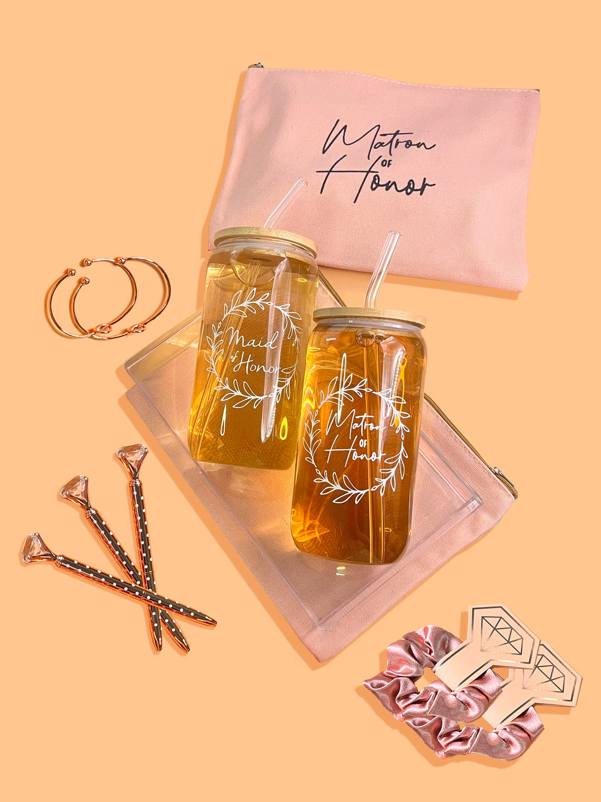 Bridesmaid Proposal Wedding Gifts Set Maid of Honor Gifts Bridal Shower 16oz Glass Cups Cosmetic Makeup Bags