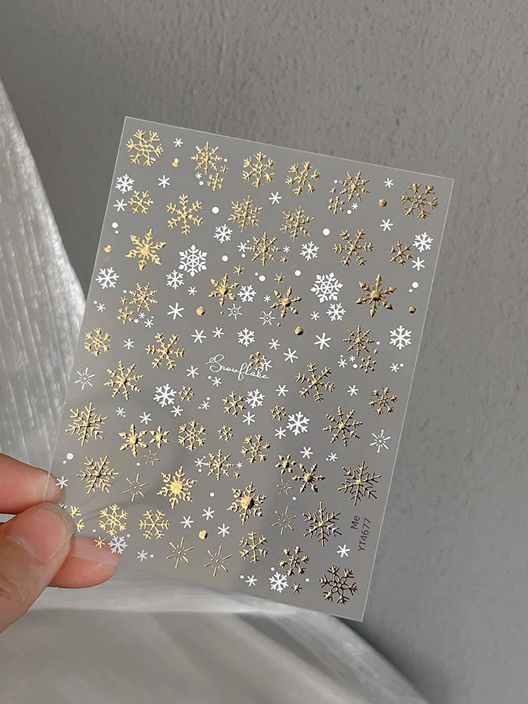 1pcs Christmas Nail Art Sticker with Gold/Silver Foil Snowflakes Iridescent Sparkle Adhesive Backing DIY  3D Nail Decoration