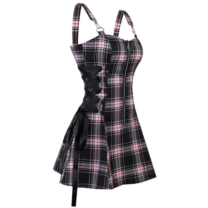 Dark Gothic Women Plaid Dress High Waist Bodycon Vintage Punk Harajuku Lolita Sleeveless Streetwear Y2K Sexy A-Line Mini Dresses