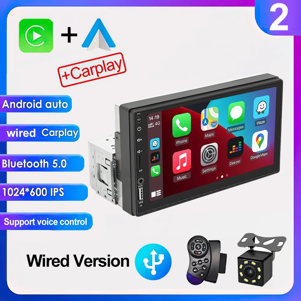 7" IPS 1-DIN Car Stereo — CarPlay, Android Auto, FM Receiver, HD Touchscreen