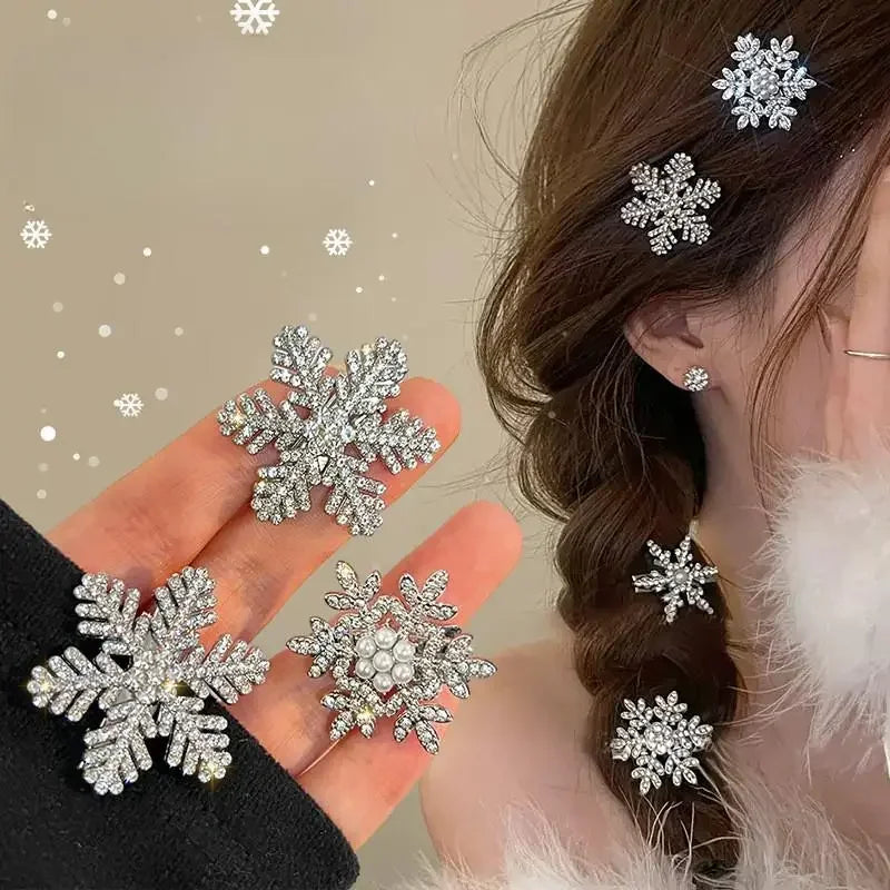 2PCs New Winter Hair Accessories Shiny Rhinestones Pearls Snowflake Hairpin Elegant Lovely Christmas Hair Clips for Women