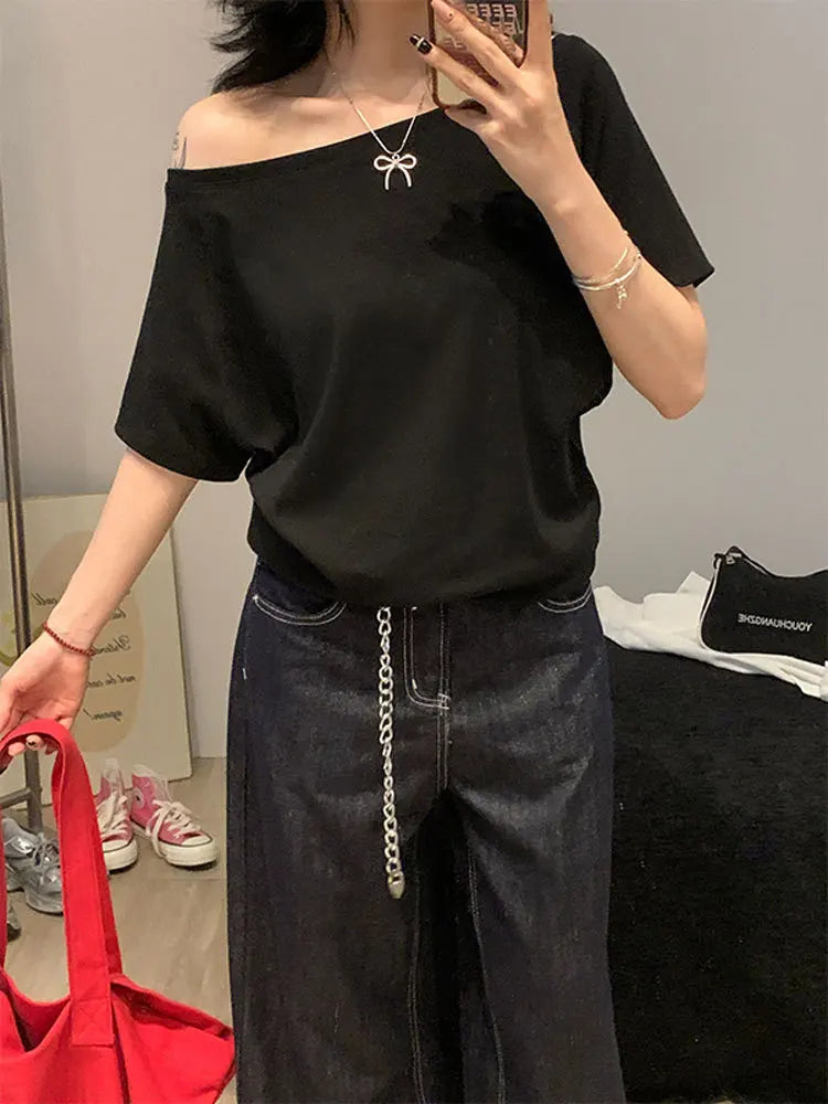 Women's Solid Skew-Collar T-Shirt — Slim-Fit Short-Sleeve Summer Tee