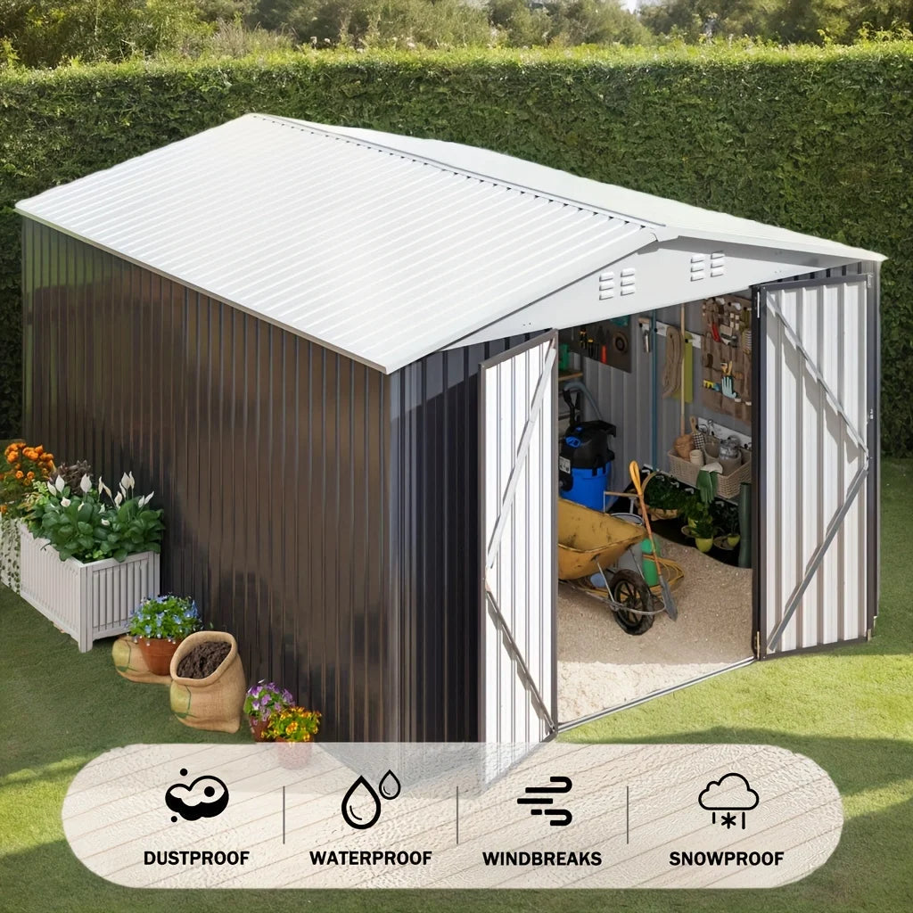 10x14 ft Galvanized Steel Lockable Garden Storage Shed