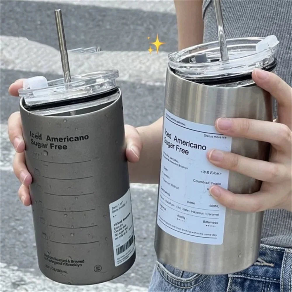 600ml Stainless Steel Thermos Cup with Straw - Insulated Coffee Mug