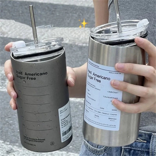 600ml Stainless Steel Thermos Cup with Straw - Insulated Coffee Mug