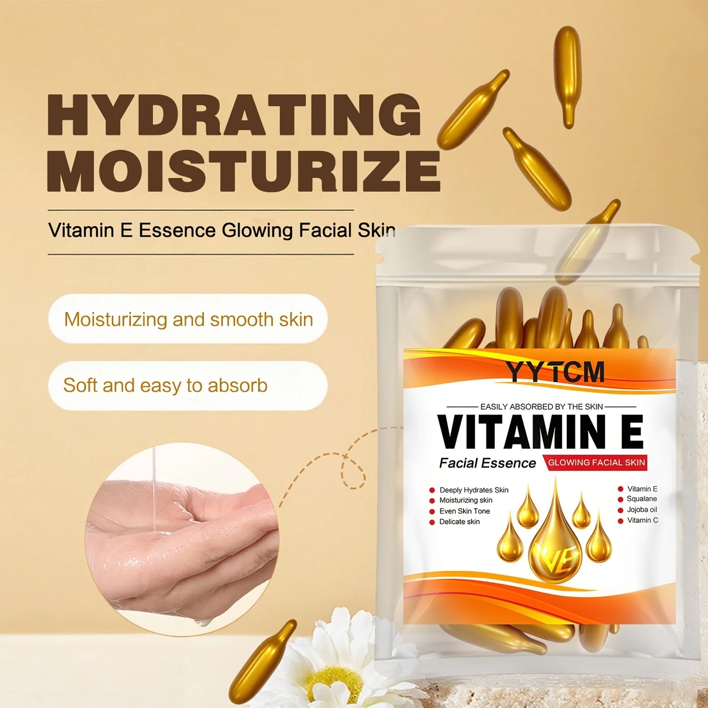 Vitamin E Deep Moisturizing Capsule Essence, Hydrates and Smooths Skin, Contains Plant-Based Squalane, Vitamin C, Deep Hydration and Skin Brightening Essence (0.4Gx30 Capsules)/Bag-1 Bag