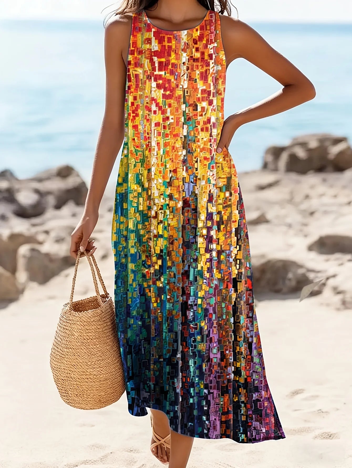 Bohemian Vacation Sunflower Ethnic Print Round Neck Dress Loose Vacation Long Dress Dopamine Dress Light Mature Maxi Dresses