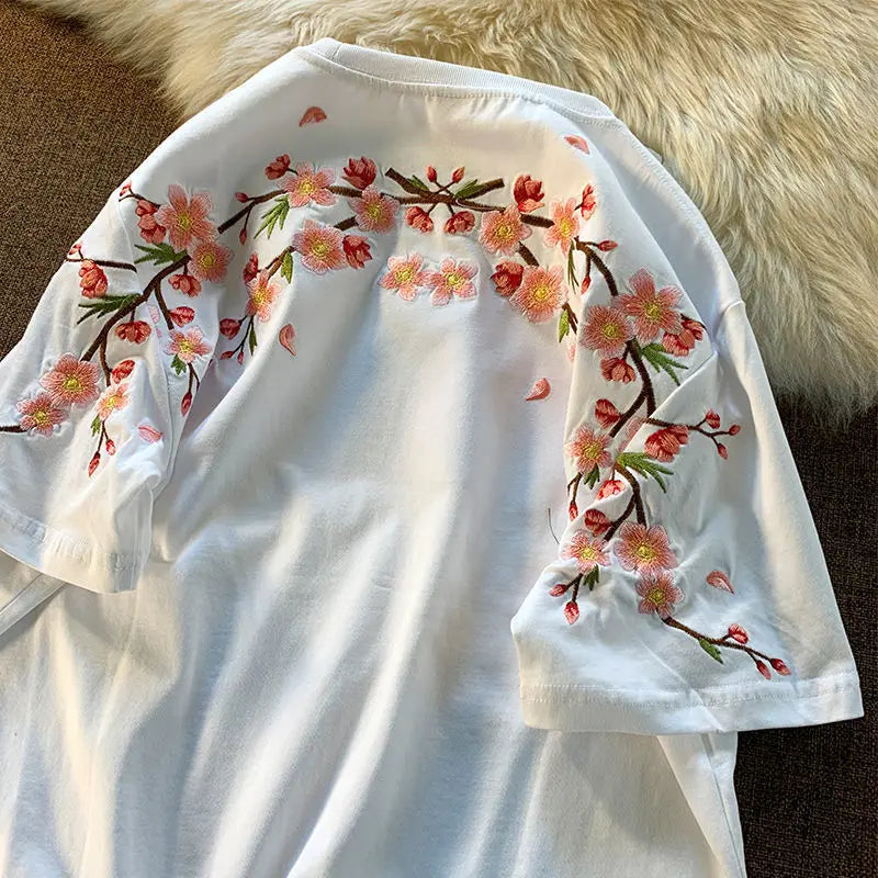Aesthetic Japan Style Cherry Blossoms Embroidery T Shirts Sexy Women Girls Cotton Summer Tee Tops O-neck Loose Casual Harajuku