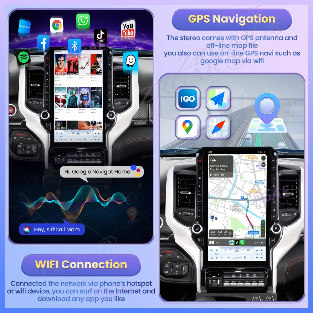 Android 15 Car Radio for Dodge Ram 1500/2500/3500 2019-2023 - 14.5" Tesla-Style Screen