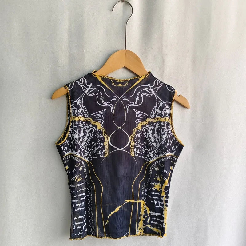 Kimotimo Y2k Mesh Print Tank Top Women Sleeveless Half High Collar Slim Fit Base Vest Harajuku Fashion Spicy Girl Camis Crop Top
