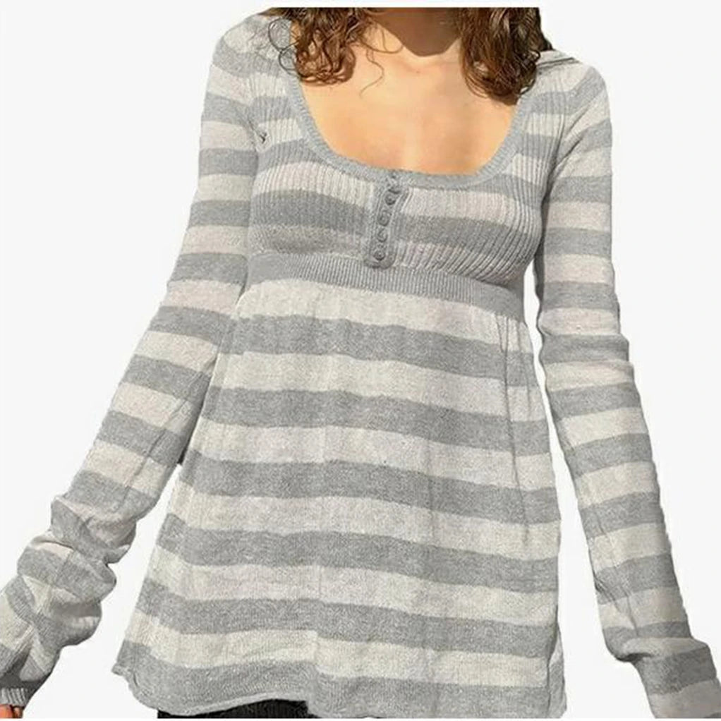 Women's Striped Long Sleeve Knit Top, Black and White