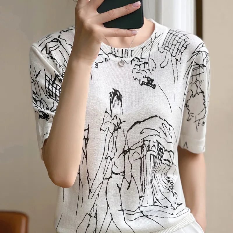 Summer Women's Thin Section Graffiti Digital Jacquard Round Neck Fine Imitation Wool Knitted Short-sleeved T-shirt  Pullover Top
