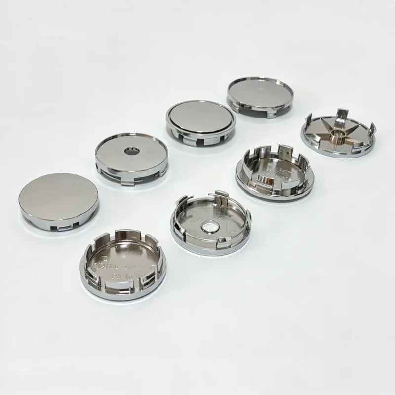 Blank Wheel Centre Caps (4-Pack) — Universal Hub Covers, No Logo, 48mm–68mm, Black/Chrome/Silver