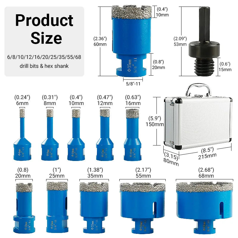 10 Pc Diamond Dry Core Drill Bit Set 5/8-11 for Tile & Granite