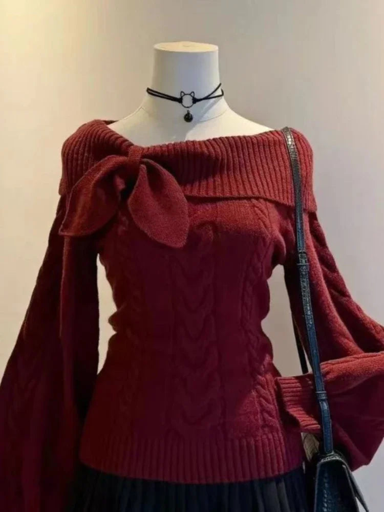 Women's Off-Shoulder Bow Knit Sweater