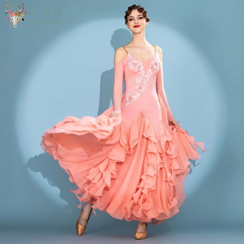 Women's off-shoulder long-sleeve ballroom performance dress