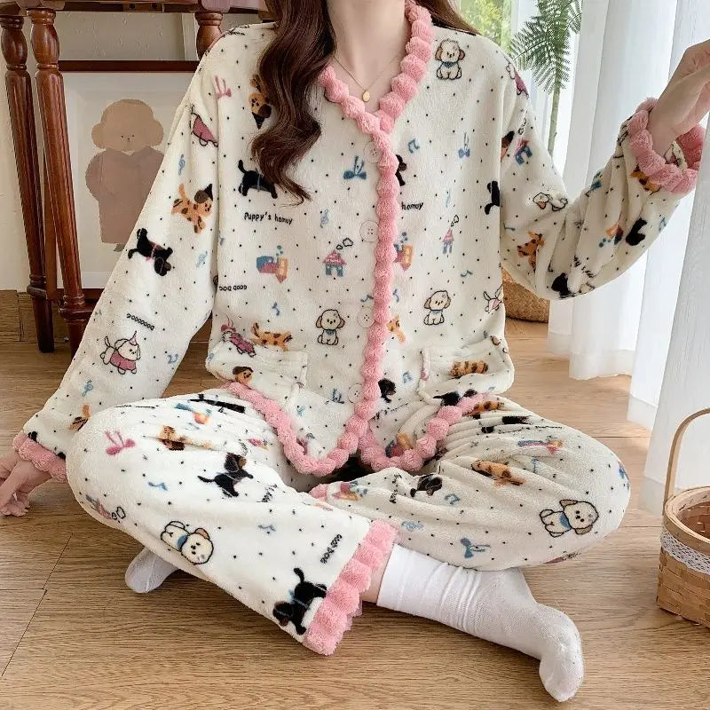 Women's Coral Fleece Pajamas - Printed Button Cardigan Sleep Set - photo 6