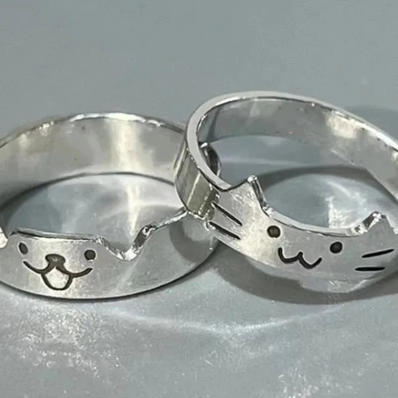Cat & Dog Couple Rings — 2pc Adjustable Matching Set