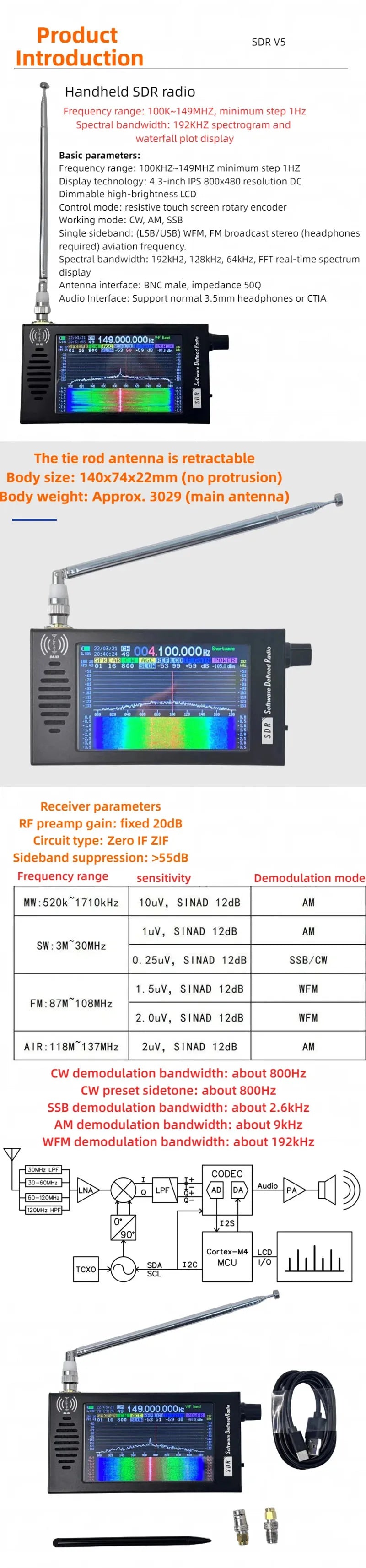 0.1-149MHz‌ SDR V5 Radio Digital Demodulation Shortwave FM MW SSB CW HAM Radio Receiver Tranceiver DSP HT004 Signal Amplifier