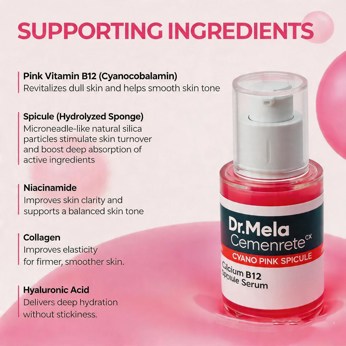 Cyano Pink Spicule Serum with Vitamin B12, Liquid Microneedle Pore Refining Face Essence, Niacinamide for Skin Texture Renewal,