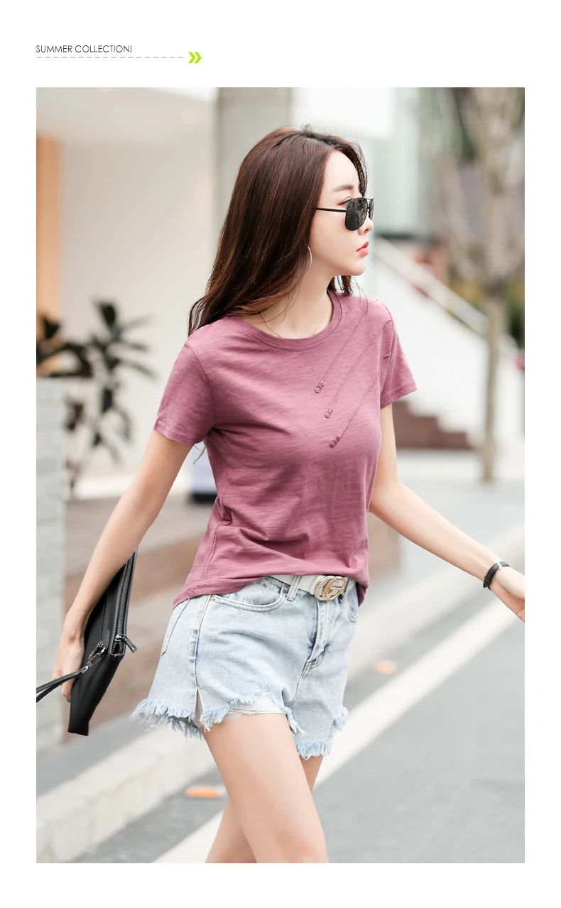 Women's Slub Cotton Button Tee — Loose Crew Neck