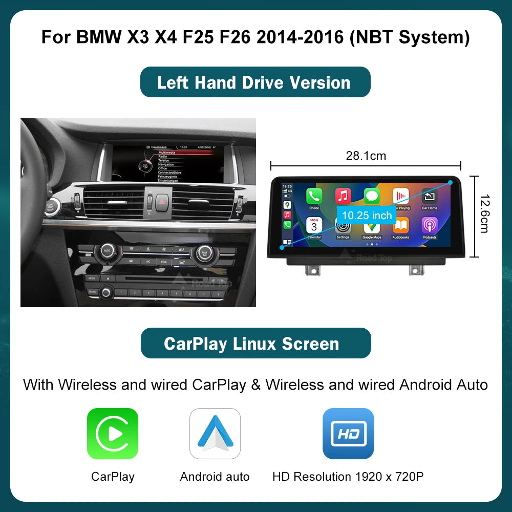 RoadTop 12.3'' Wireless CarPlay Multimedia Linux Touch Screen For BMW X3 F25 X4 F26 2011-2016 CIC NBT Android Auto Link