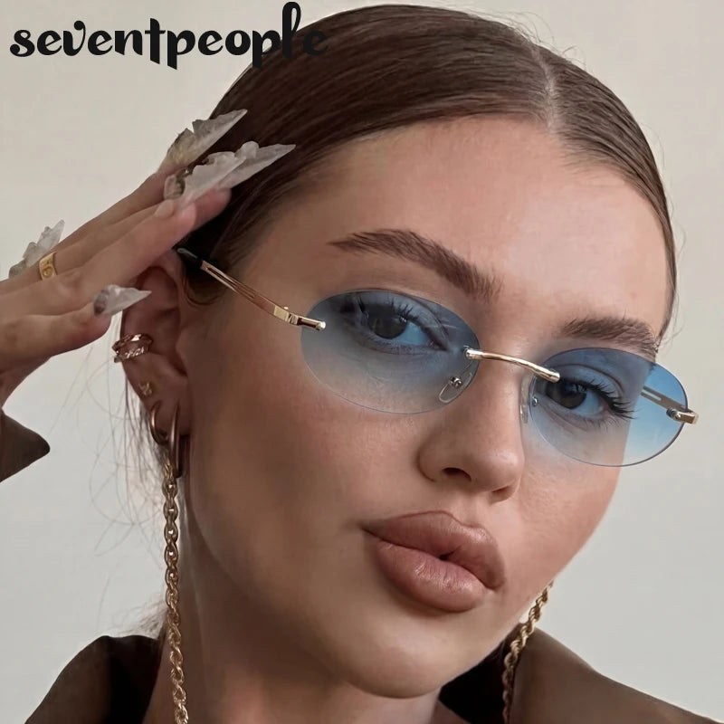 Rimless Oval Sunglasses for Women — Gold Metal, Gradient Lens