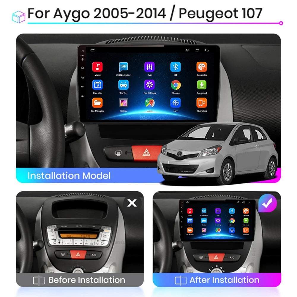 Android 10 2 Din Car Multimedia Player For Peugeot 107 Toyota Aygo Citroen C1 2005-2014 Head Unit Stereo GPS Navigation BT WIFI