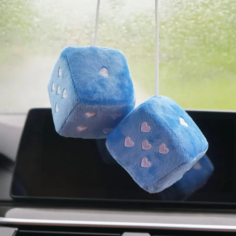 1 Pair 7cm Fuzzy Plush Dice Heart Shape Decor for Car Rearview Mirror, Retro Square Decoration Dice for Car Hanging Accessories