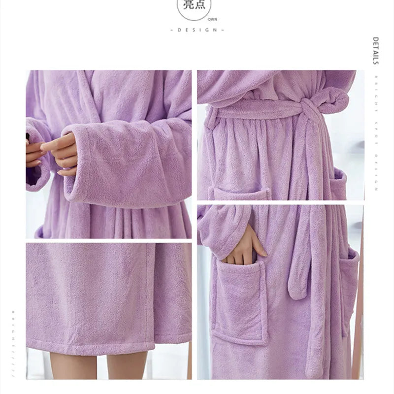 Women's Long Hooded Coral Fleece Bathrobe - Solid Plush Robe - photo 2