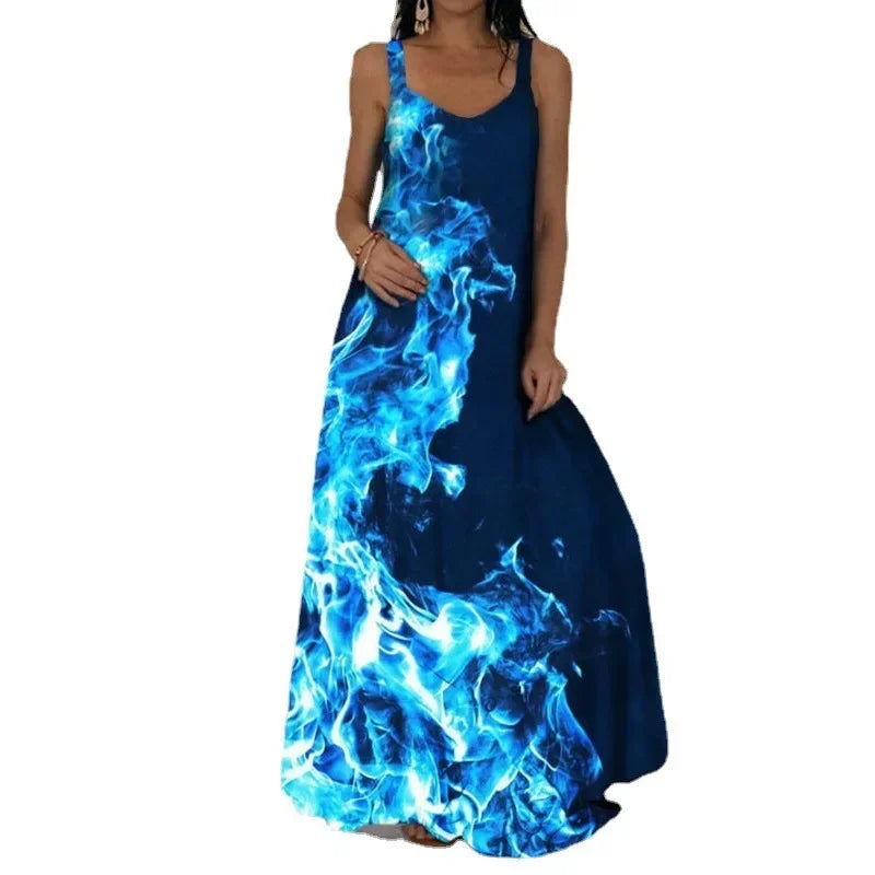 Women's Flame Print Sleeveless Maxi Dress – Casual Summer Sundress